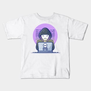 Masked hacker operating a laptop cartoon Kids T-Shirt